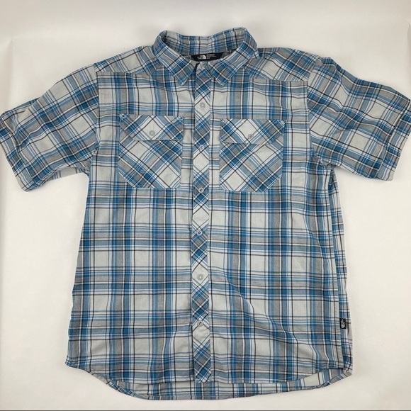 The North Face Button Up Shirt Mens Medium Blue Plaid Snap Pockets Short Sleeve - Picture 1 of 8